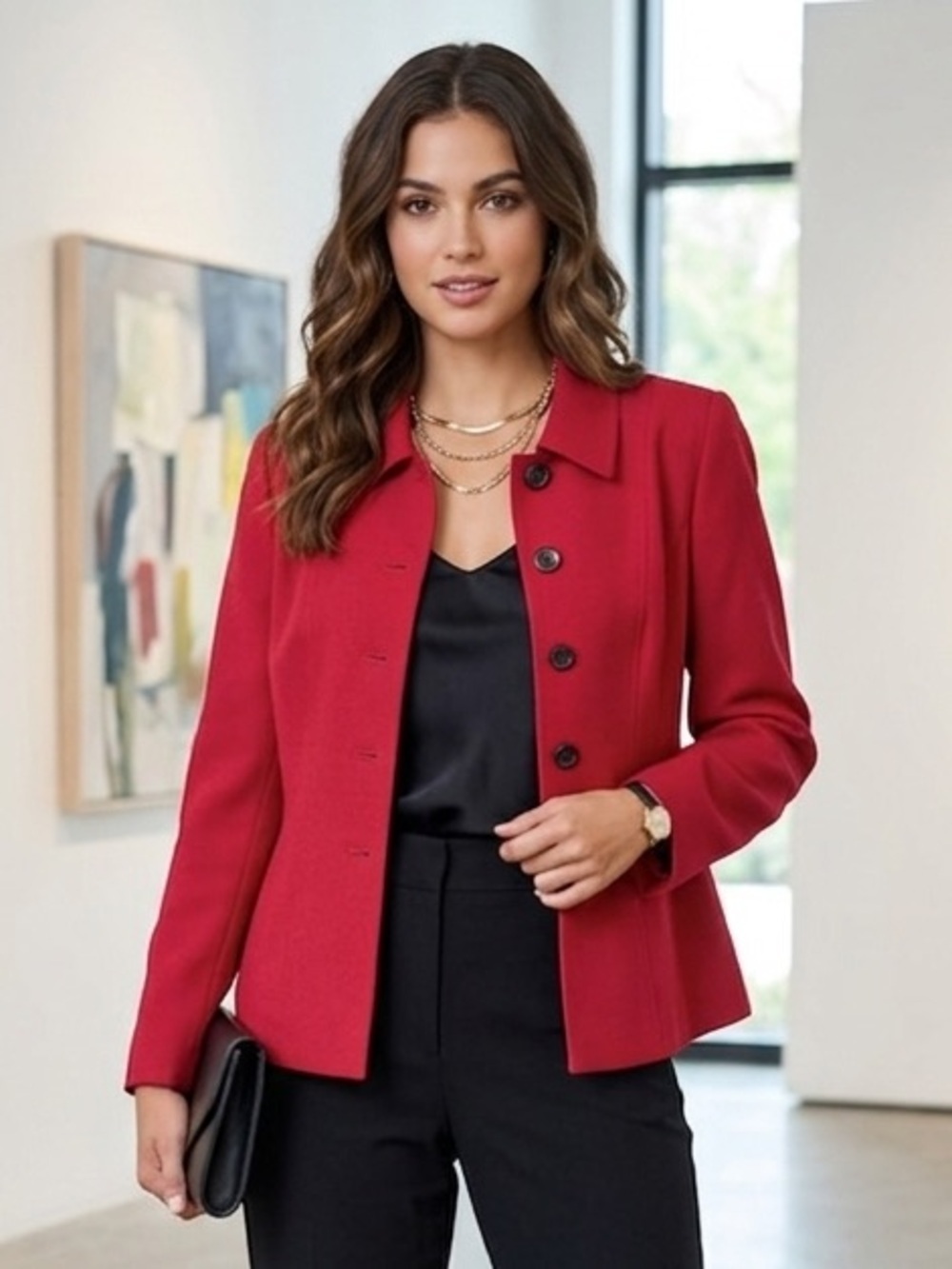 Kasper Bright Red Fitted Button-Front Blazer